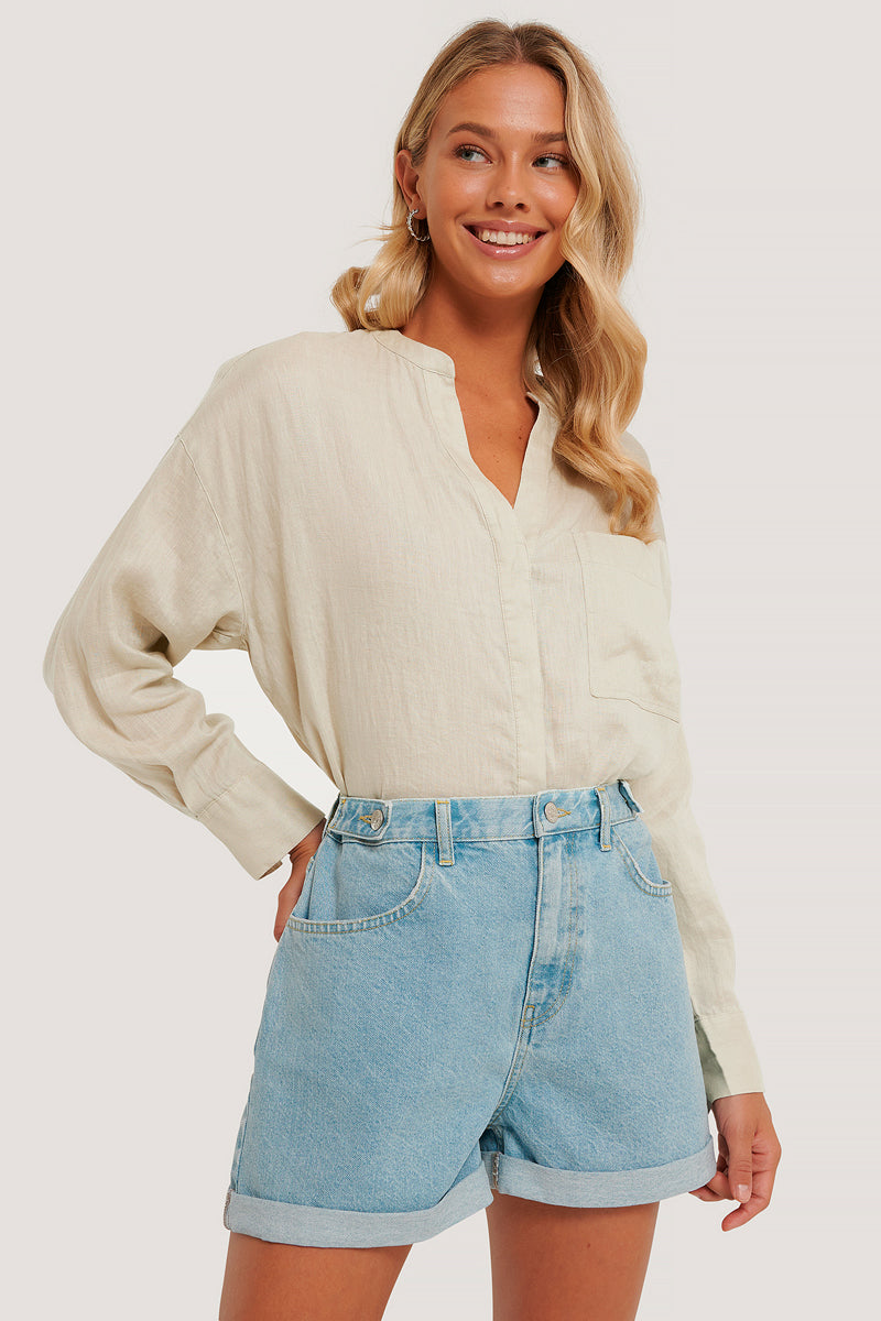 High-Waisted Denim Shorts - Sky