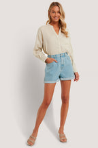 High-Waisted Denim Shorts - Sky