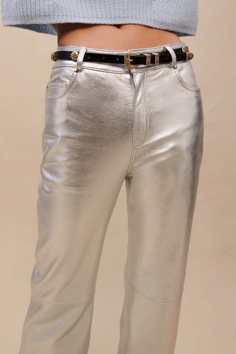 Pantalon En Cuir De Mouton - Argenté