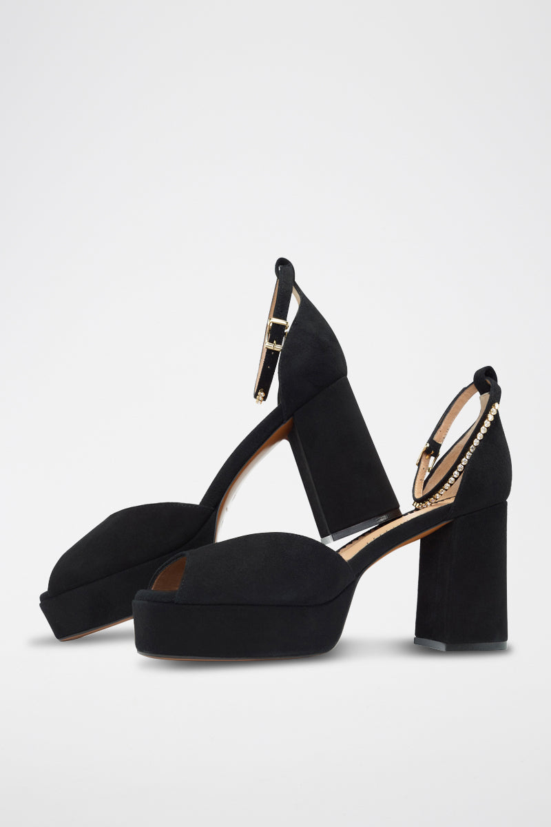 Sandalias De Tacón En Cuero De Cabra - Negro