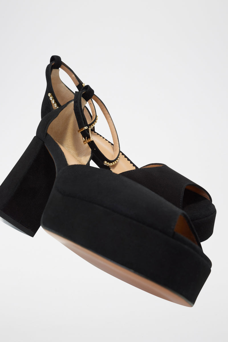 Sandalias De Tacón En Cuero De Cabra - Negro