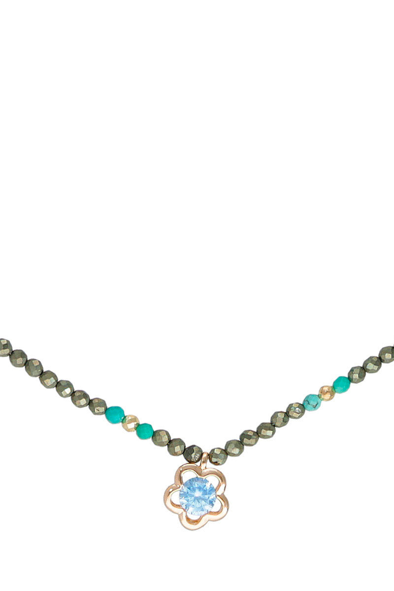 Fine Yellow Gold Necklace - Hematites, Turquoises And Pyrites