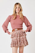 Berenice - Round Neck Jumper with Puffed Long Sleeves - Terracota