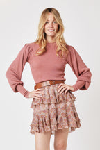 Berenice - Round Neck Jumper with Puffed Long Sleeves - Terracota