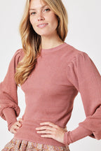 Berenice - Round Neck Jumper with Puffed Long Sleeves - Terracota