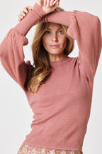 Berenice - Round Neck Jumper with Puffed Long Sleeves - Terracota