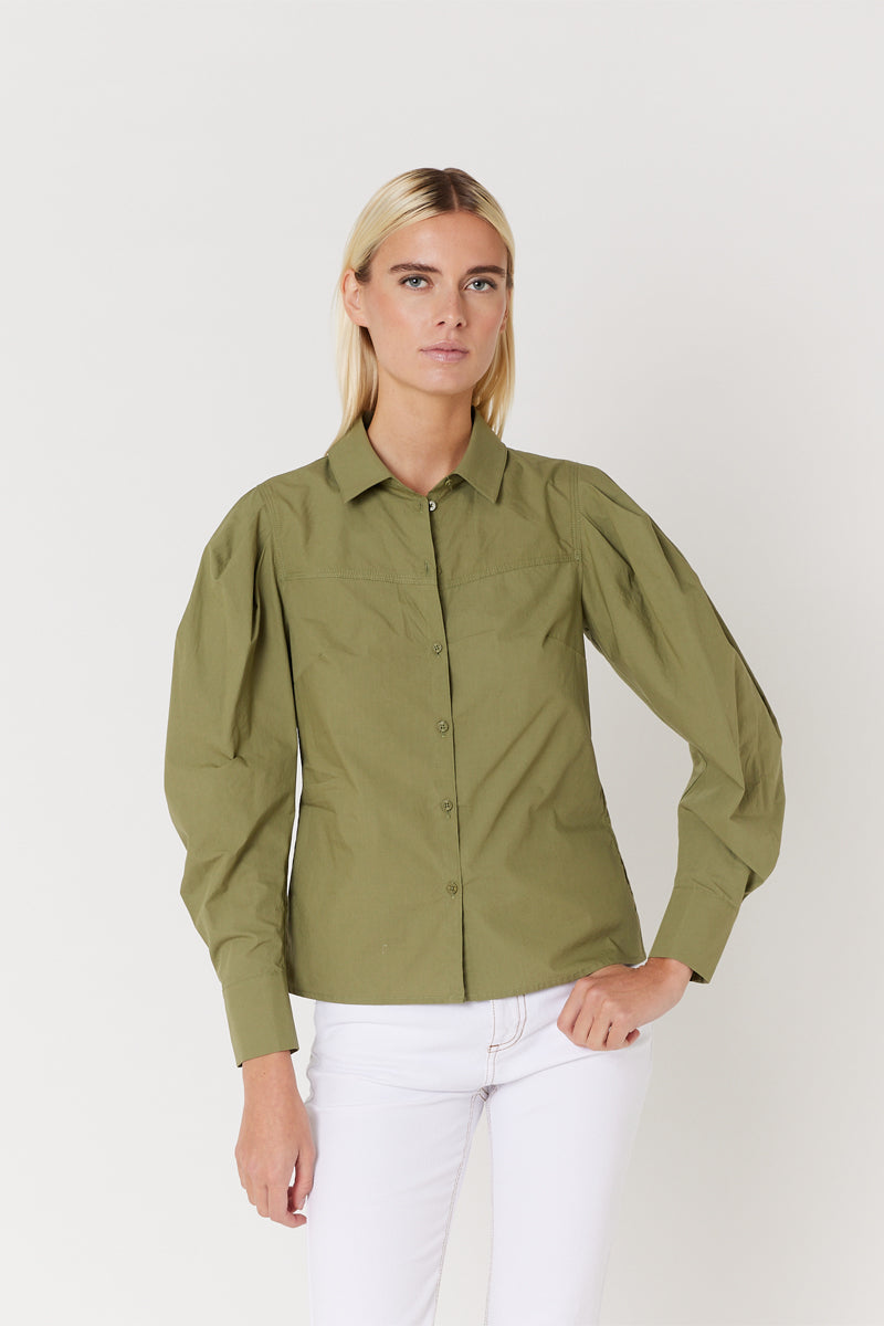 Berenice - Plain Cut-Out Long-Sleeve Shirt - Khaki