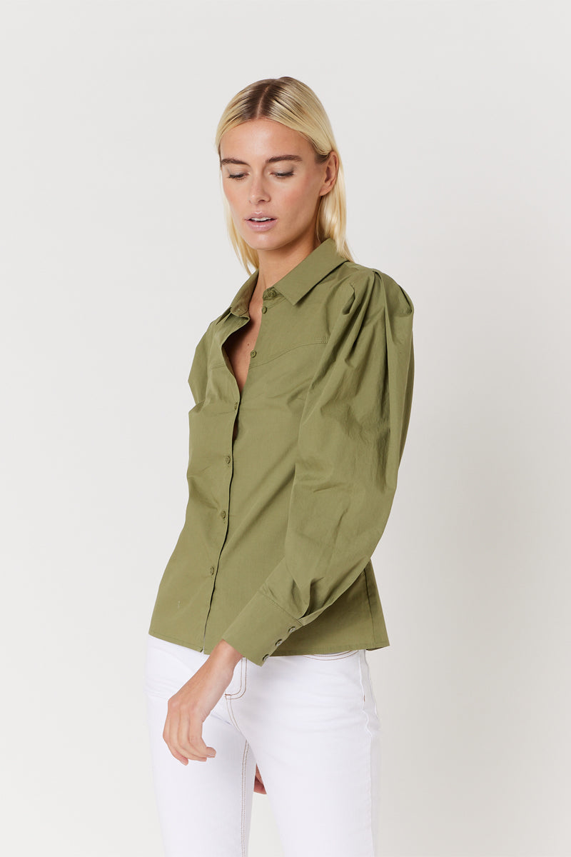 Berenice - Plain Cut-Out Long-Sleeve Shirt - Khaki