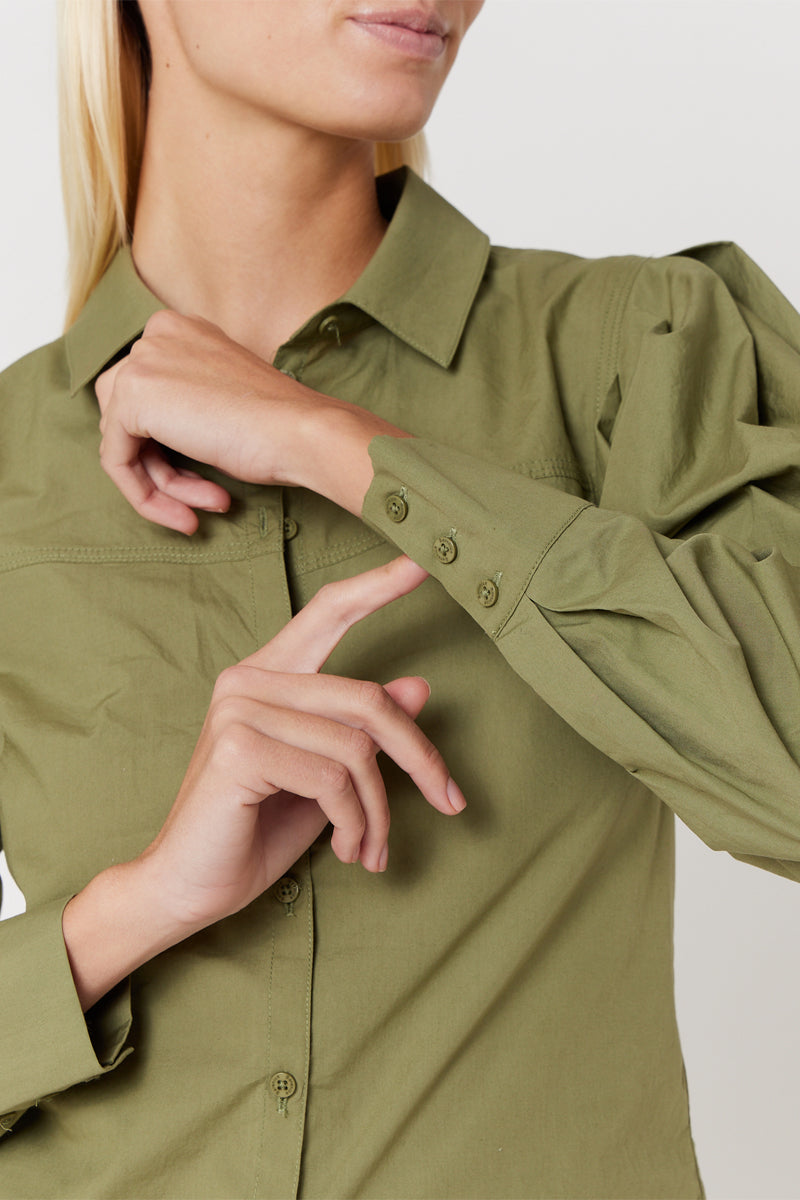 Berenice - Plain Cut-Out Long-Sleeve Shirt - Khaki