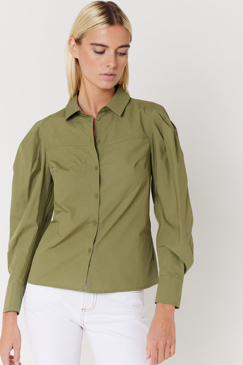 Berenice - Plain Cut-Out Long-Sleeve Shirt - Khaki