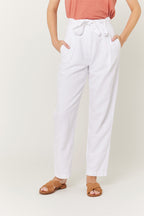 Pantalones Casuales Lisos Con Cinturón - Blanco Roto