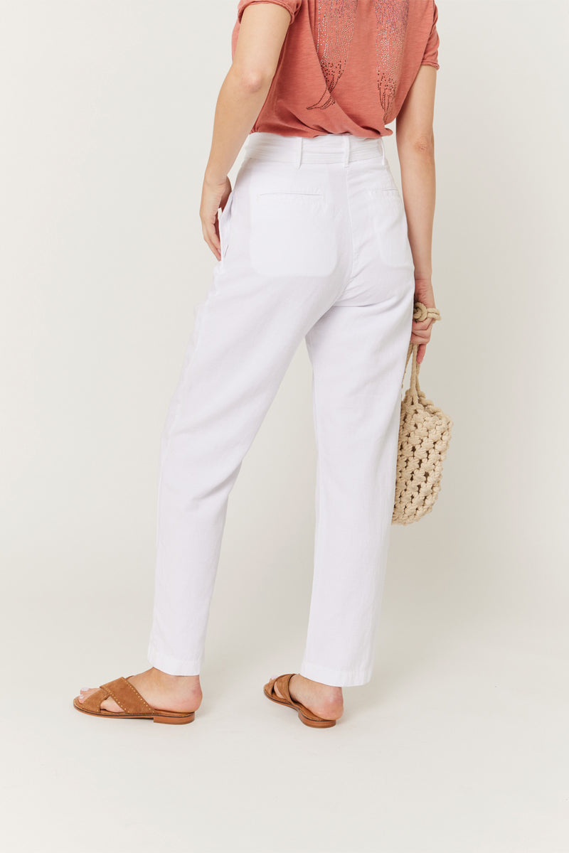 Pantalones Casuales Lisos Con Cinturón - Blanco Roto