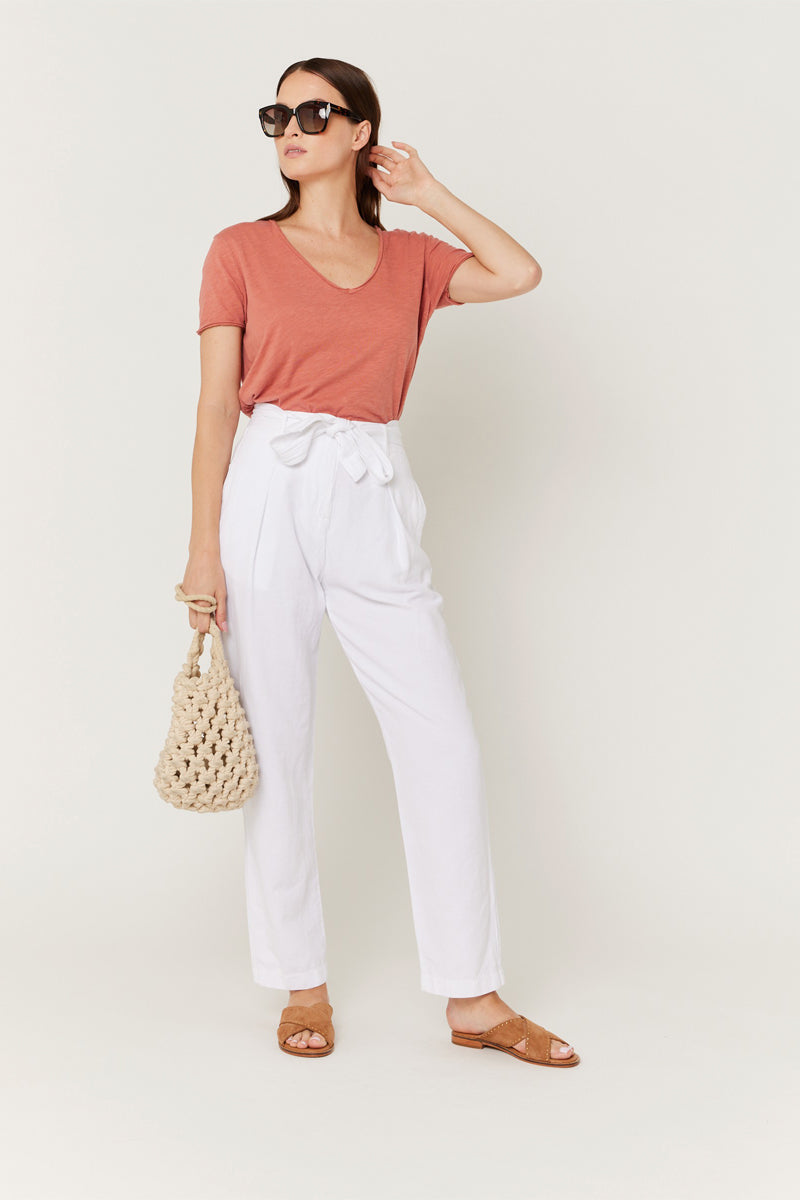 Pantalones Casuales Lisos Con Cinturón - Blanco Roto