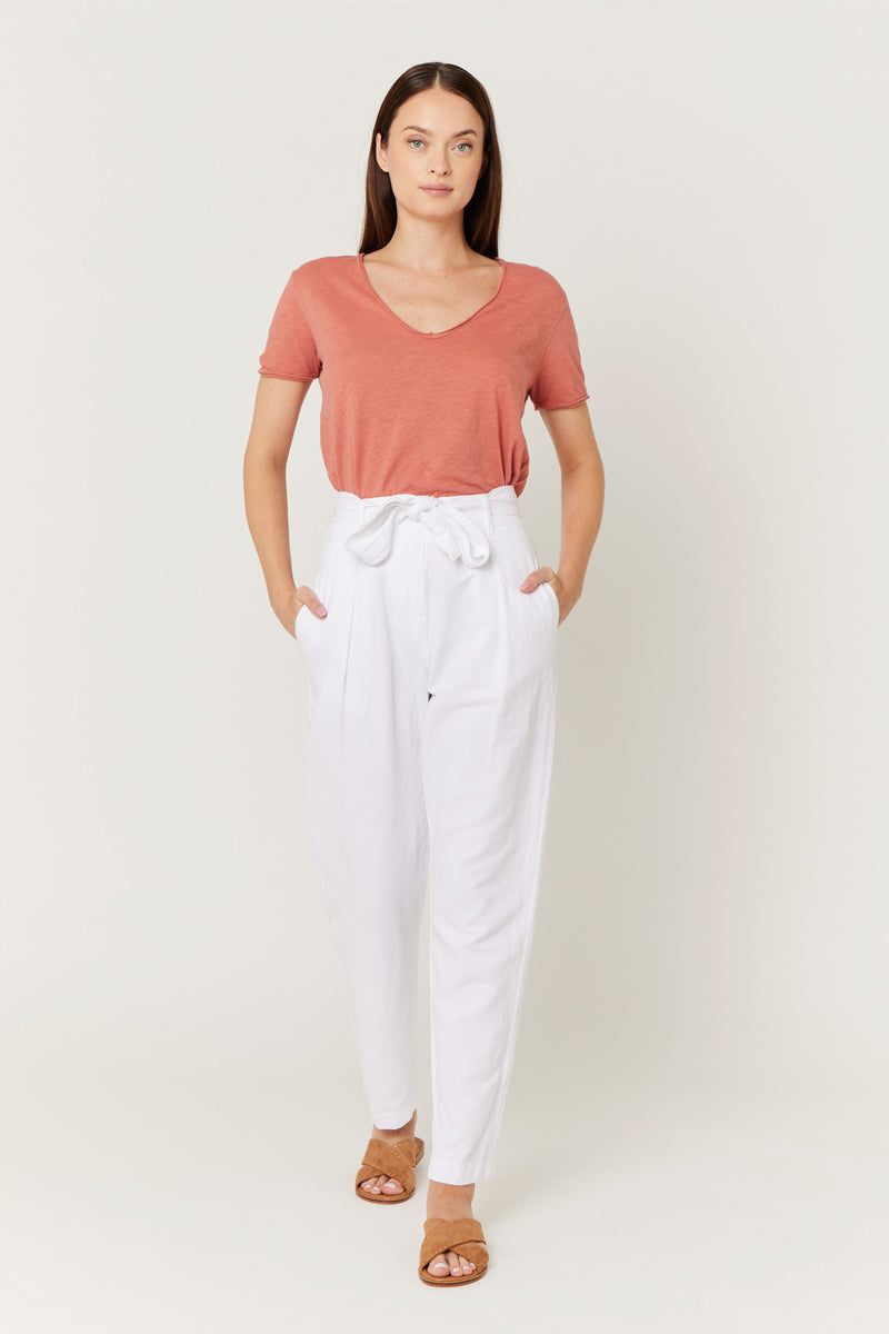 Pantalones Casuales Lisos Con Cinturón - Blanco Roto