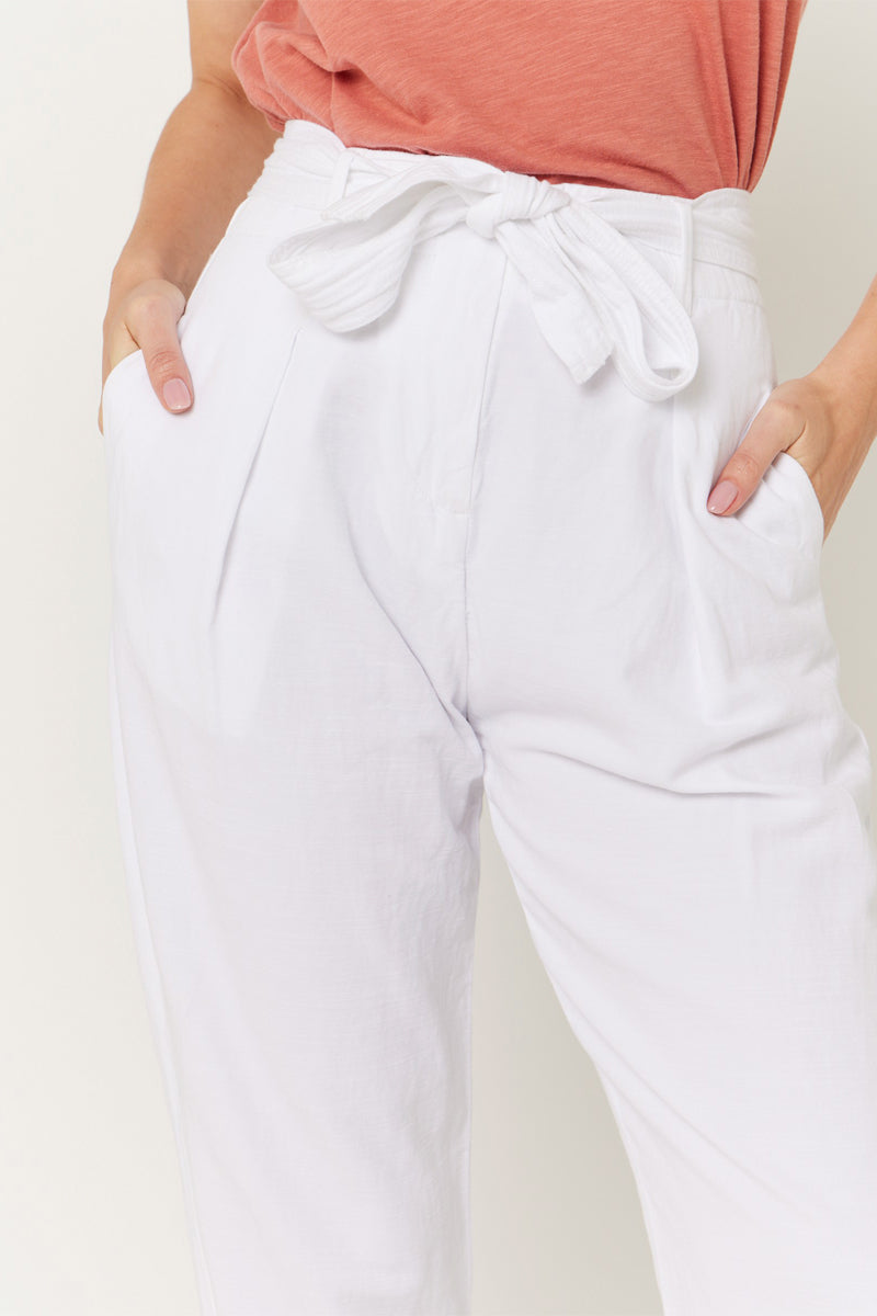 Pantalones Casuales Lisos Con Cinturón - Blanco Roto