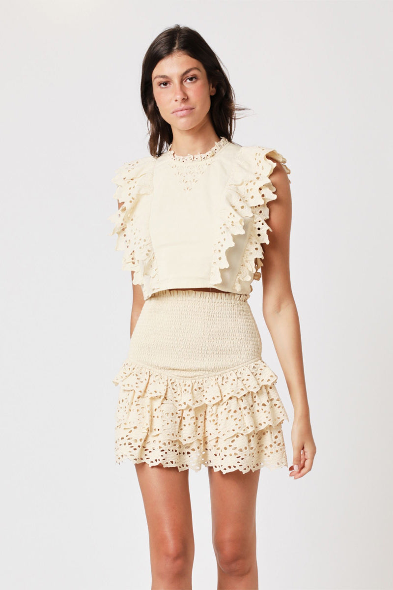 Berenice - Falda Corta Lisa Bordada Con Volante - Beige