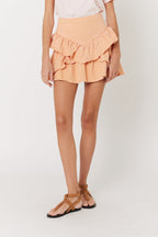 Berenice - Jupe Denim Unie Volants - Caramel