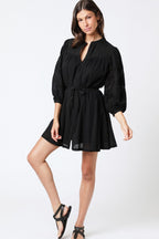 Berenice - Plain Long Sleeve Short Dress with Pleats - Black