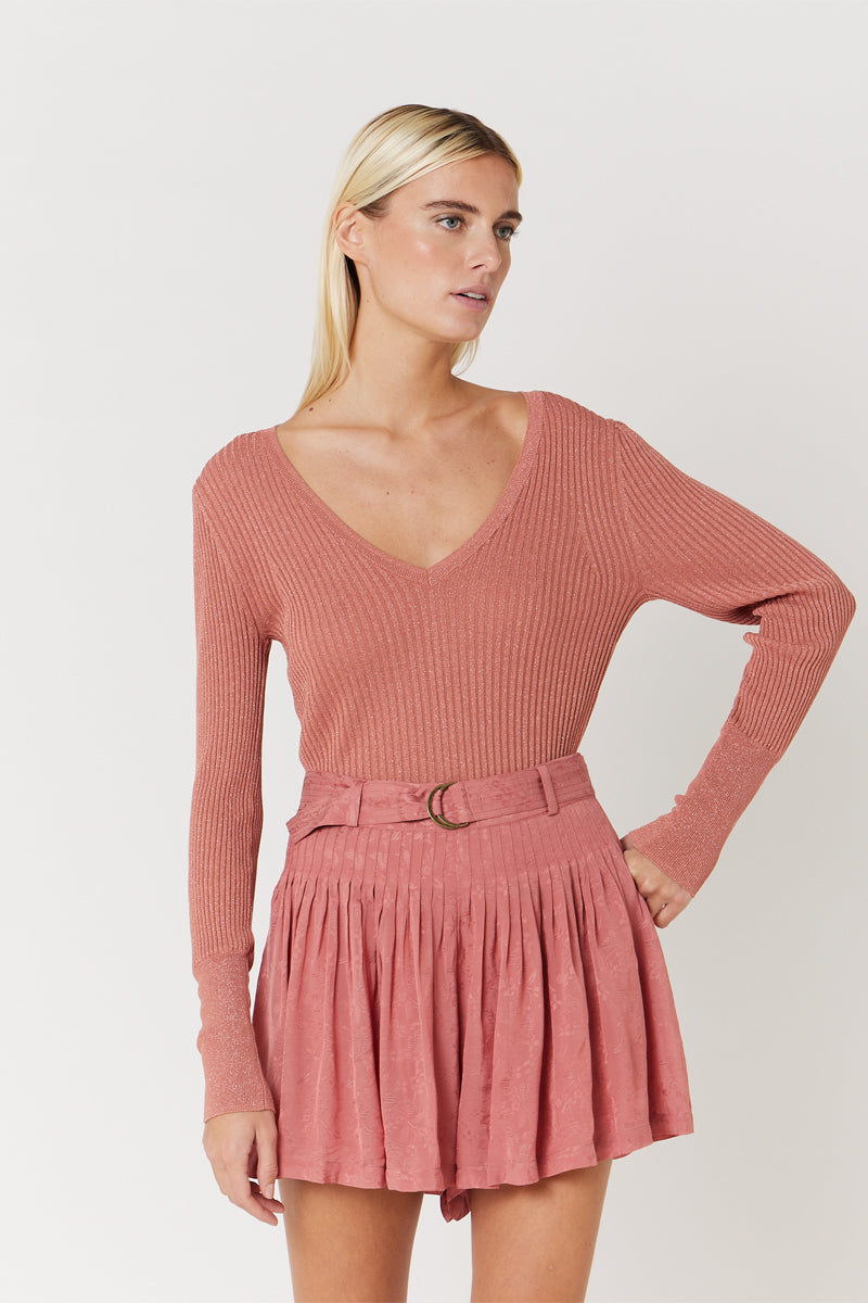 Berenice - Short Plisado Liso con Cinturón - Terracota