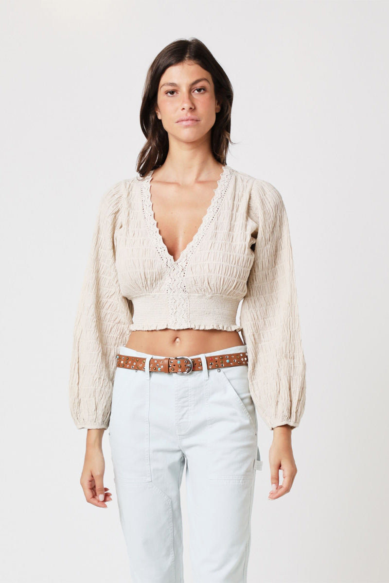 Berenice - Plain Embroidered Crop Top - Beige
