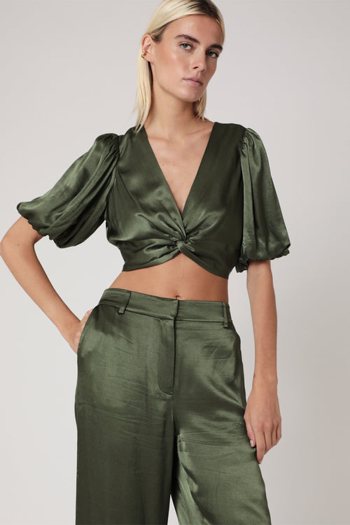 Crop Top Uni Noue Devant - Khaki