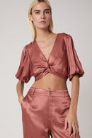 Plain Tie Front Crop Top - Terracota