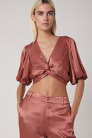 Plain Tie Front Crop Top - Terracota