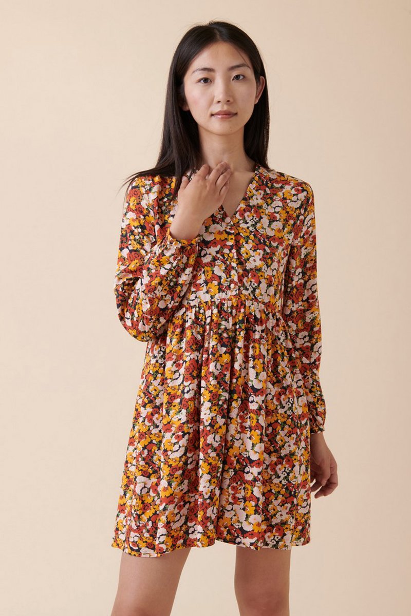 Vestido trapecio Rando - Amarillo y rojo ladrillo