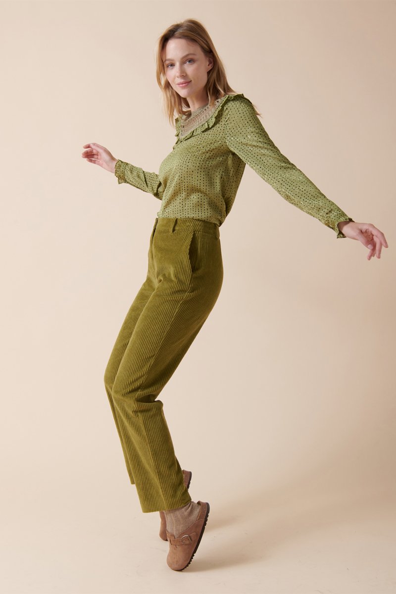 Pantalon En Velours Taille Haute Pyrex - Vert Olive