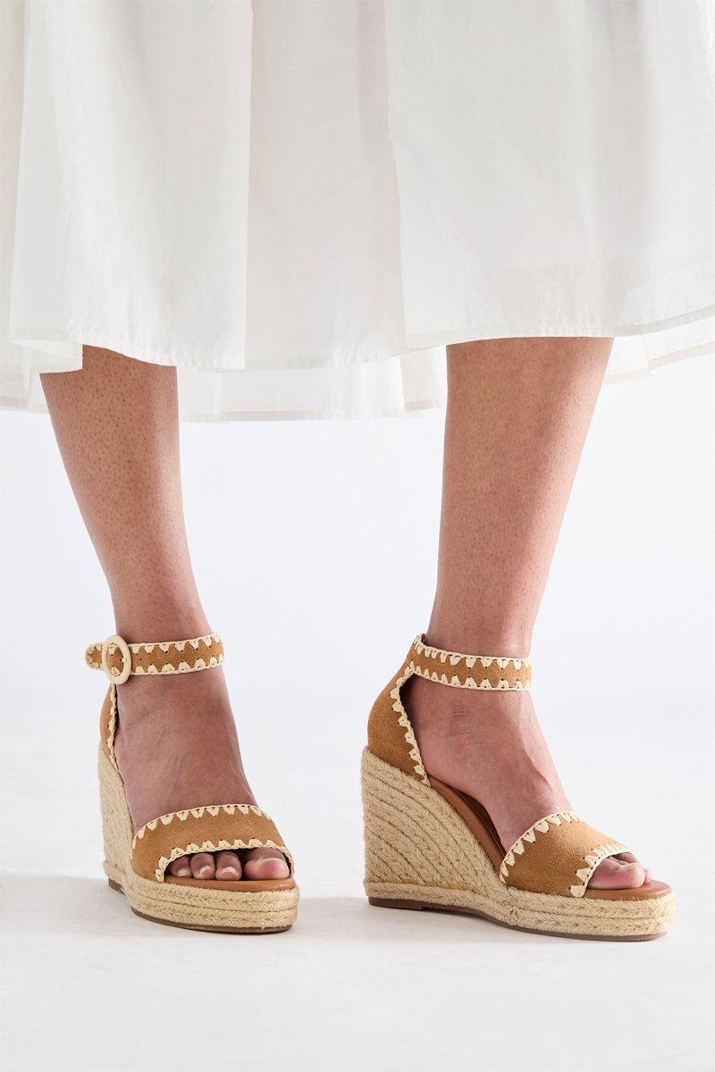 Helies Leather and Raffia Wedge Sandals - Camel