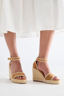 Sandalias Helies De Piel Y Rafia Con Cuña - Camel