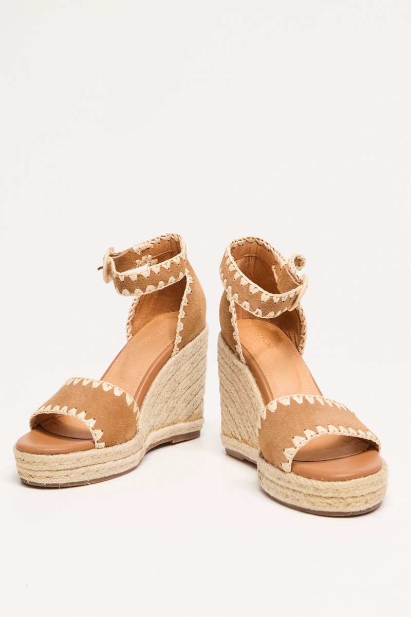 Helies Leather and Raffia Wedge Sandals - Camel