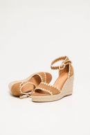 Sandalias Helies De Piel Y Rafia Con Cuña - Camel