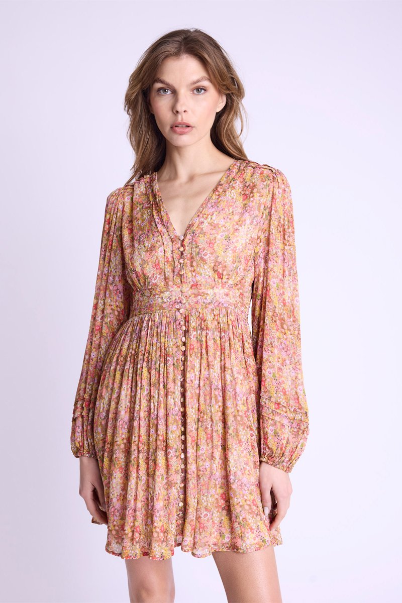Berenice - Short V-Neck Dress with Front Buttons - Bloomflowerprint
