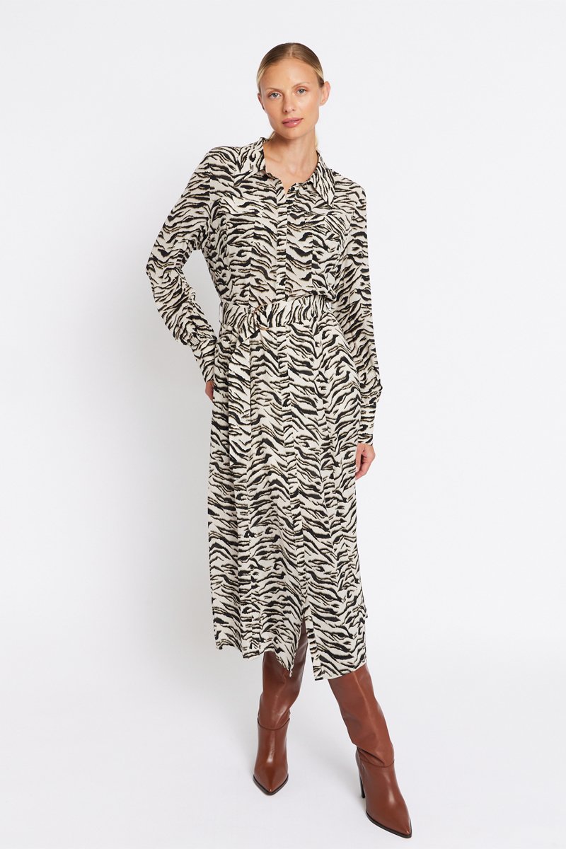 Berenice - Vestido Largo Cinturón Talle - Savana Print