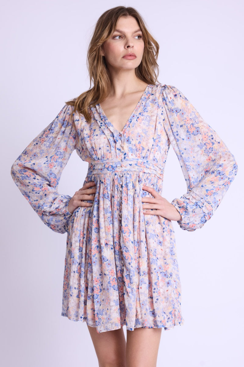 Berenice - Short Dress V-Neck Front Buttons - Gardenprint