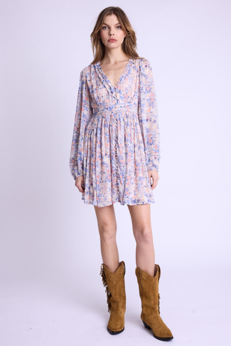 Berenice - Short Dress V-Neck Front Buttons - Gardenprint