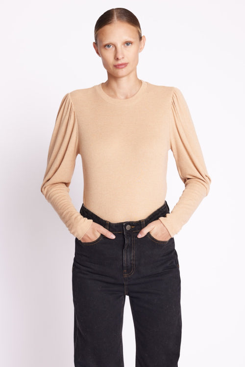 Round Neck T-Shirt Ml Pleated Sleeve - Camel