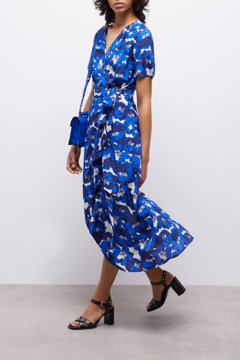 Vestido cruzado de seda - Azul - Mujer