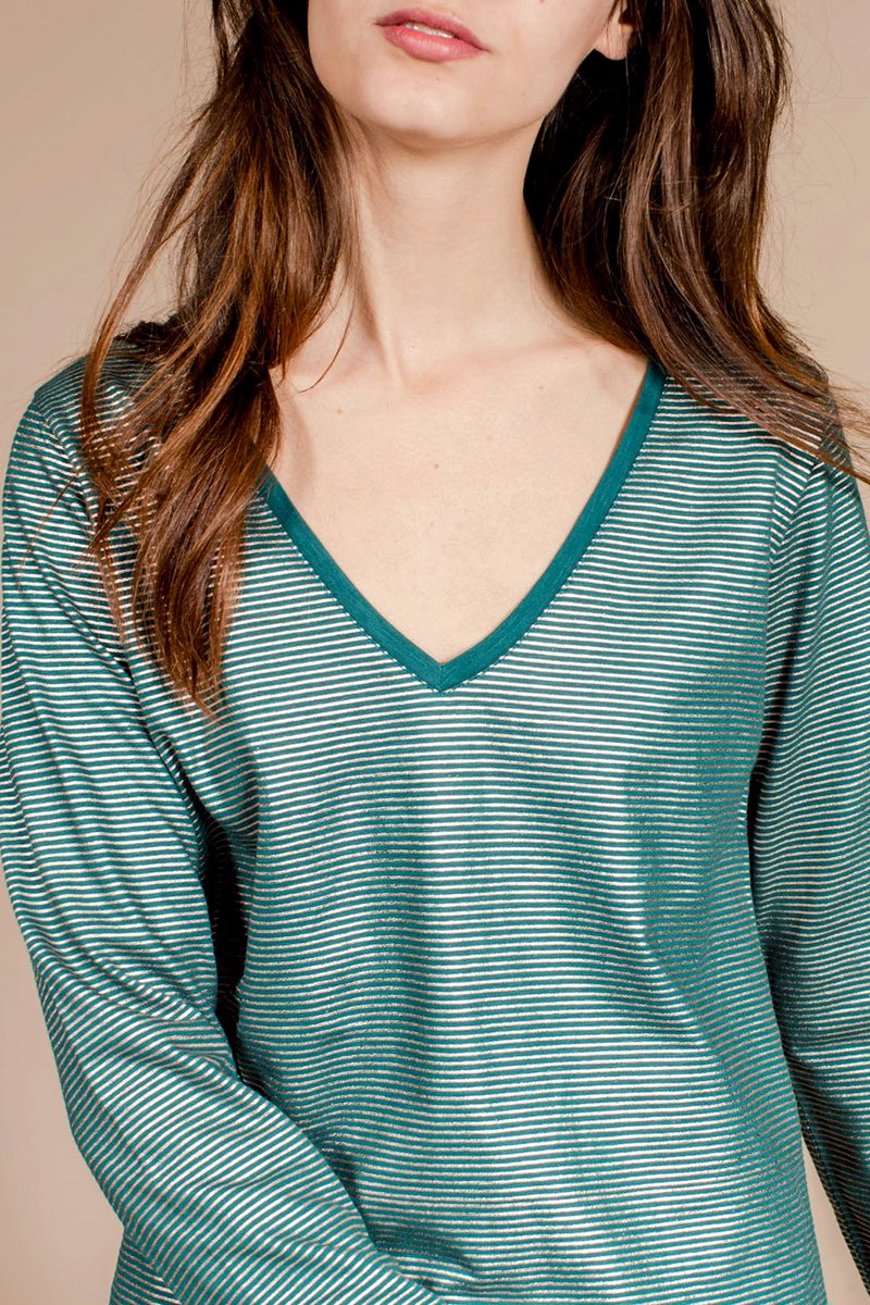 Blouse Rayée Astrid - Bleu Canard Et Argenté