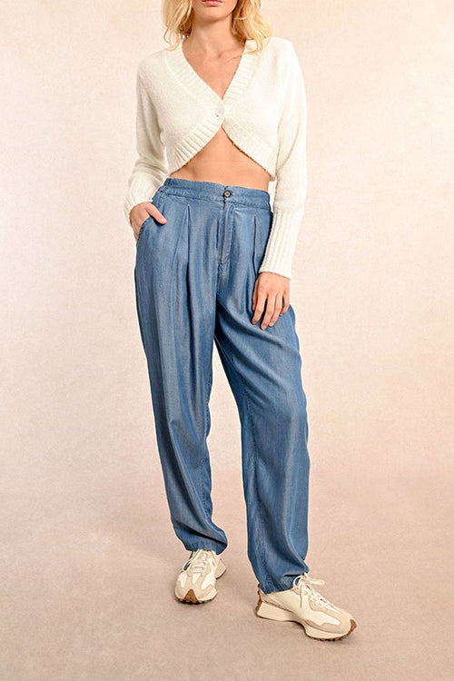High-waisted trousers - Light blue - Molly Bracken - Women's