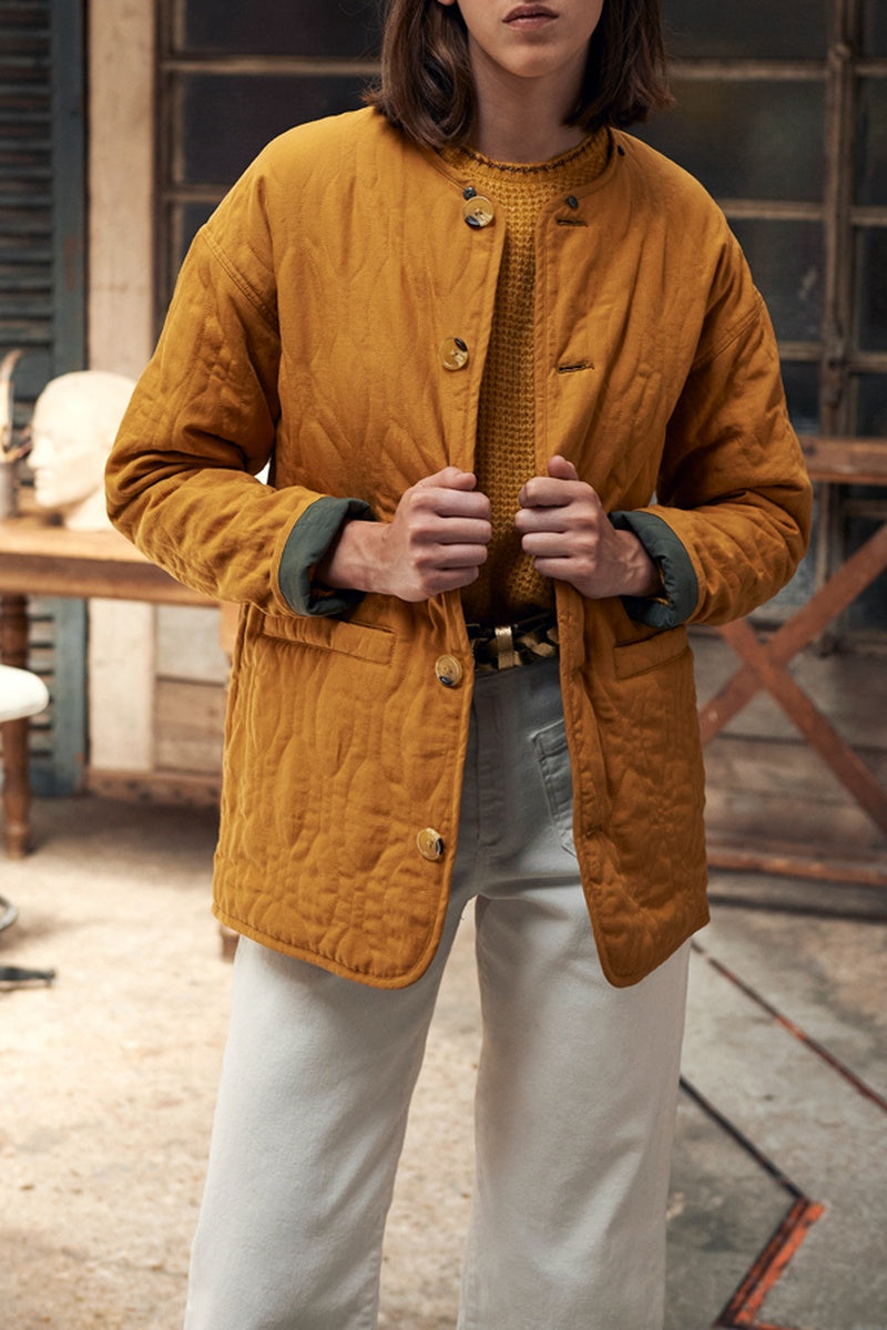 Veste Matelassée Réversible En Lin - Jaune Mimosa Et Kaki