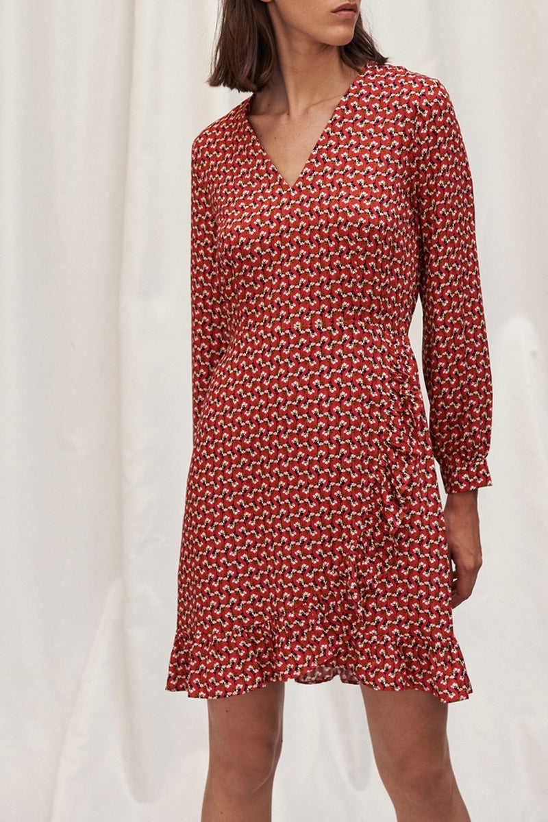 Vestido floral con volantes - Rojo