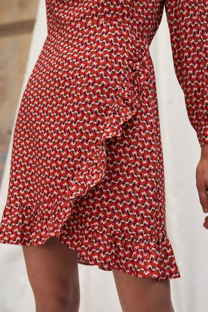 Vestido floral con volantes - Rojo