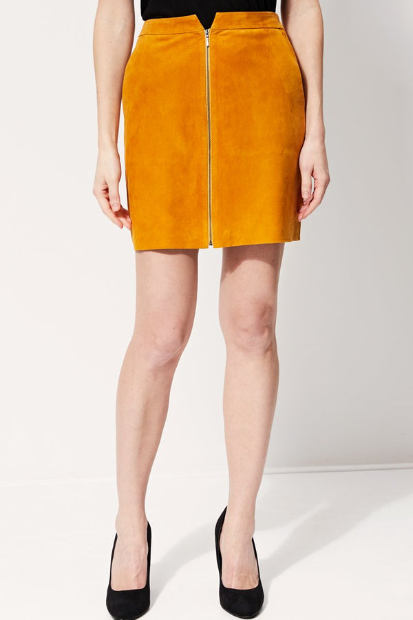 Jorgia High Waist Straight Goatskin Leather Skirt - Camel