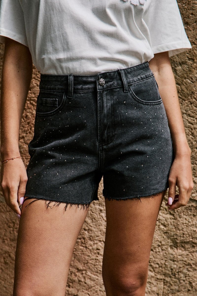 Short En Jean Taille Haute Ione - Gris Foncé