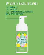 Promotional poster for Pschitt Magique Garancia, presented as the "1st 3 in 1 Beauty Gesture" which prepares, cleanses and transforms the quality of the skin's texture.