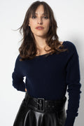 Dibona Navy Boat Neck Open Back Jumper, Jersey, 100% Cashmere, 2 Ply - Women