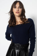 Pull Col Bateau Dos Ouvert Dibona Marine, Jersey, 100% Cachemire, 2 Fils - Femme