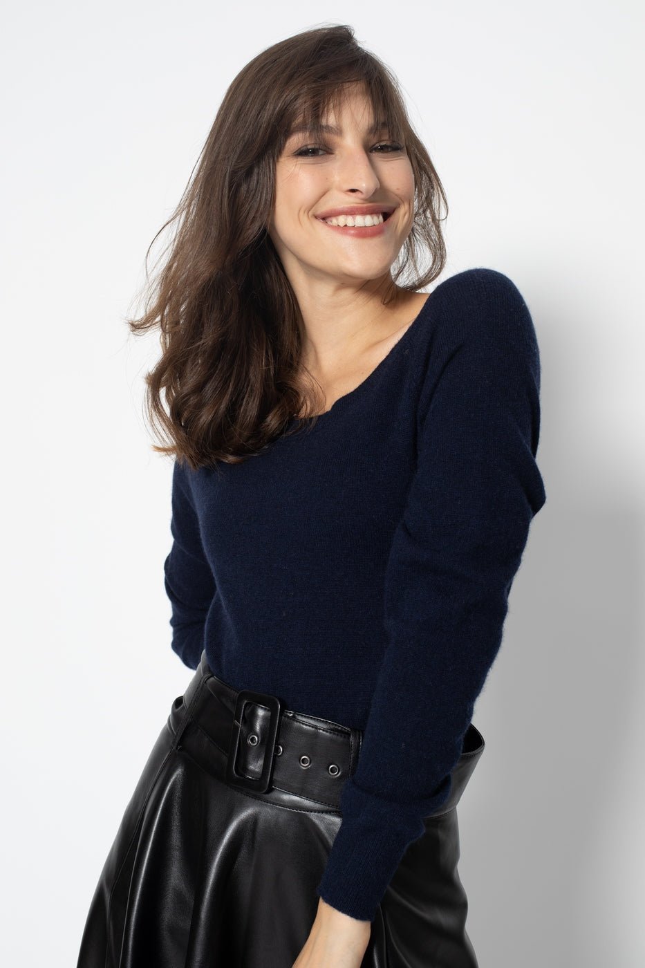 Dibona Navy Boat Neck Open Back Jumper, Jersey, 100% Cashmere, 2 Ply - Women
